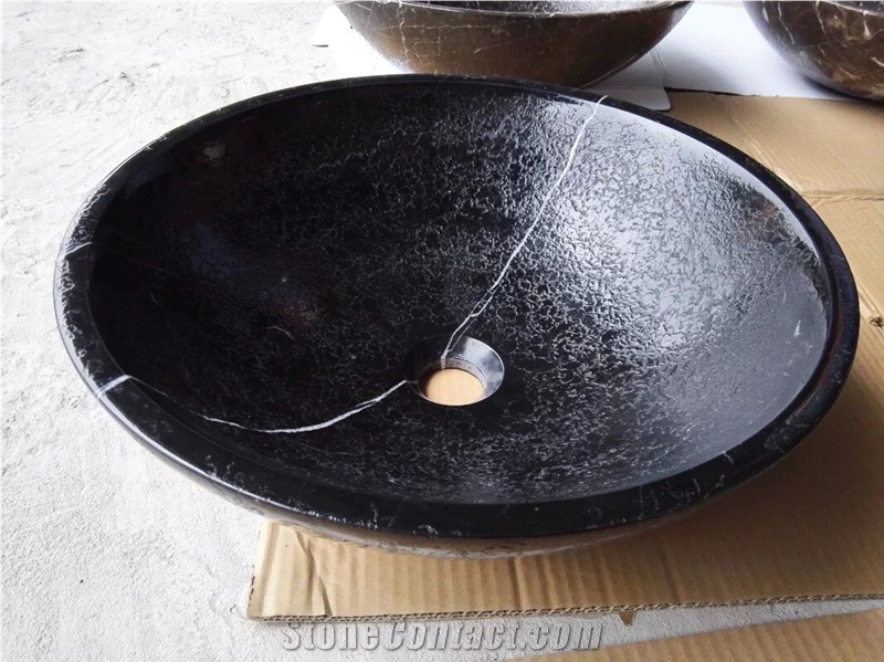 Polished Black Marble Sinks & Basins, Black Marble Round Basins, Black Marble Bathroom Sinks, Black Marble Vessel Sinks