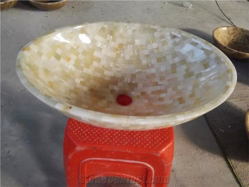 White Onyx Sinks & Basins, White Onyx Mosaic Round Basins, Onyx Bathroom Sinks, Vessel Sinks