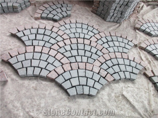 Split Surface Fan Pattern China Granite G654 and G562 Square Paving Stone, Mesh Cobbles Panel, Mesh Paving Stone Plate, Landscaping Patio Cube Stone