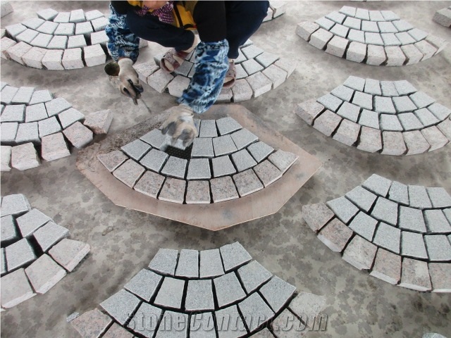Split Surface Fan Pattern China Granite G654 and G562 Square Paving Stone, Mesh Cobbles Panel, Mesh Paving Stone Plate, Landscaping Patio Cube Stone