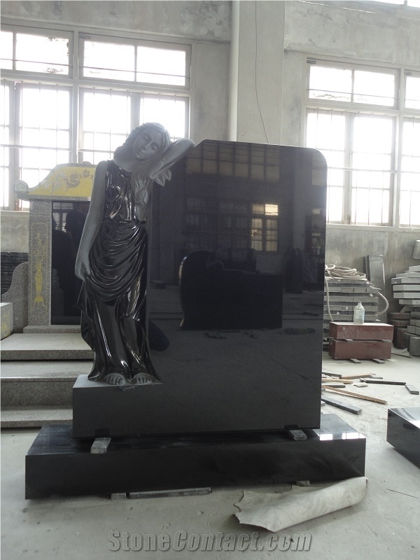 Cheap Black Granite Headstone with Engraved Lady Statue