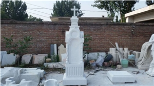 Engraved White Marble Cross Headstone Tombstone Monument