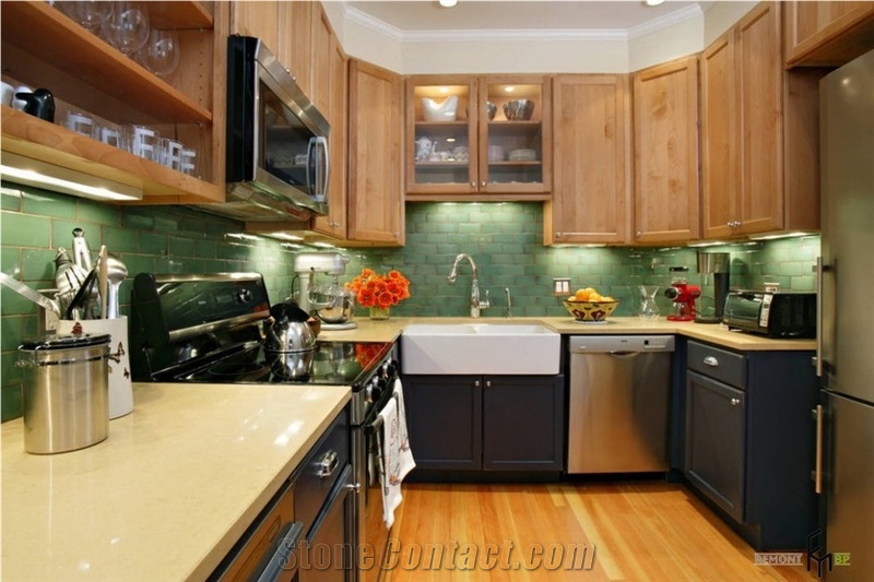 Bst Beige Color Corian Stone Pre-Fabricated Tops Customized Kitchen Countertop Shapes with Various Edge Profiles