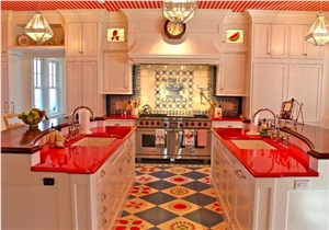 Bst Red Color Quartz Stone Pre-Fabricated Tops Customized Countertop Shapes with Various Edge Profiles Stain Resistant,Low Water Absorption and No Radiation