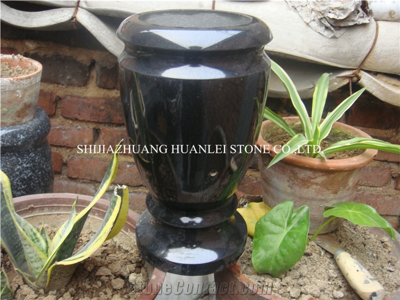 Black Granite Round Vase, Cemetery Accessories Polished Turned Vases, Shanxi Black Granite Monument & Tombstone Accessories