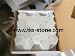 Hexagon Carrara Extra Polished Mosaic, Mugla White Marble Mosaic, Italy Carrara White Mosaic with Different Shapes, Bianco Carrara White Marble Wall & Floor Mosaics