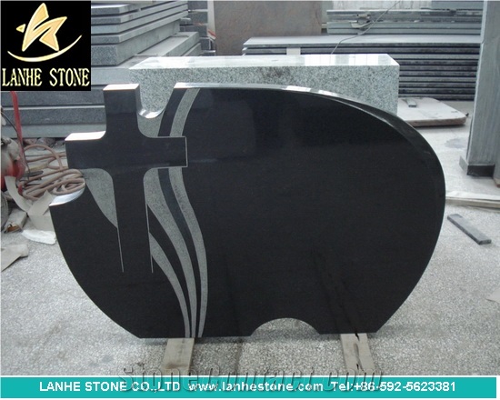 Chinese Absolute Black Granite Tombstone, Shanxi Black Absolute Cross Tombstones with Heart Headstone