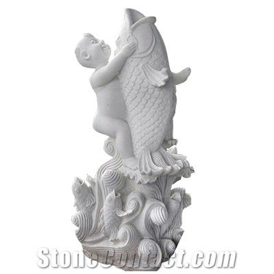 Ariston Marble Carp Stone Statue, White Marble Artifacts