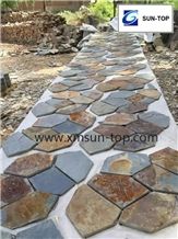 China Rust Slate Net Paste Paving/Random Slate Flagstone Mats/Rusty Slate Crazy Pavers/Rastic Irregular Slate Stone Flagmat/Cultural Stone Random Net Paste/Net Paste Slate Sets for Landscaping Paving