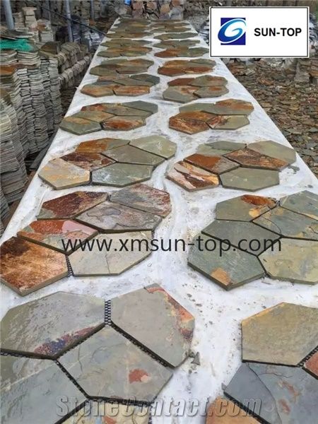 China Rust Slate Net Paste Paving/Random Slate Flagstone Mats/Rusty Slate Crazy Pavers/Rastic Irregular Slate Stone Flagmat/Cultural Stone Random Net Paste/Net Paste Slate Sets for Landscaping Paving