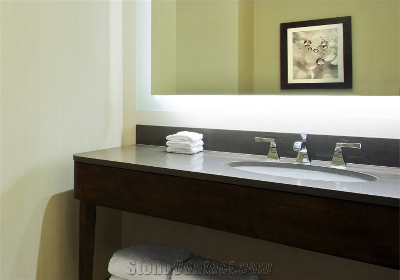 Dark Grey Quartz Vanity Tops Onto Wood Base for Westin Hotel