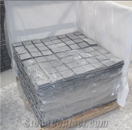 China Black Basalt Cube Stone , Black G684, Black Pearl, Fuding Black, Black Basalt Stone, Brick Paving Tile On Mesh, Mesh Paver