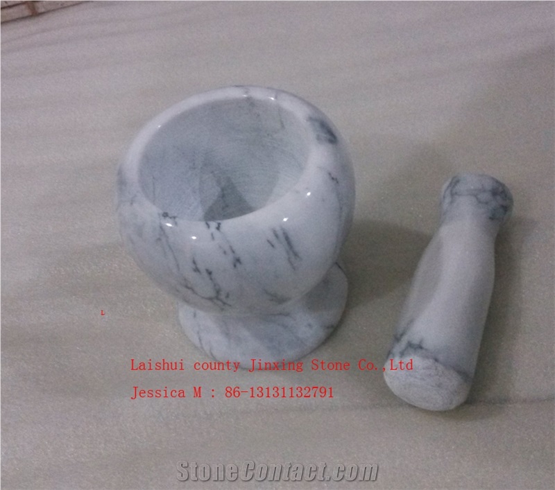 White with Grey Veins Round Marble Mortar and Pestle /Popular Polished White Marble Mortar and Pestle Marble Kitchenware Stone Cooking Tool