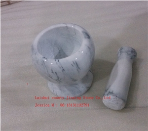White with Grey Veins Round Marble Mortar and Pestle /Popular Polished White Marble Mortar and Pestle Marble Kitchenware Stone Cooking Tool