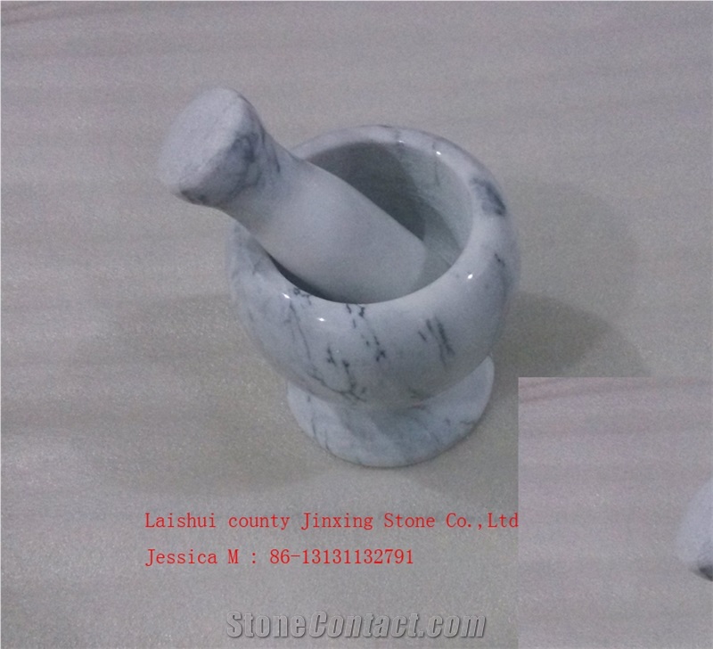 White with Grey Veins Round Marble Mortar and Pestle /Popular Polished White Marble Mortar and Pestle Marble Kitchenware Stone Cooking Tool