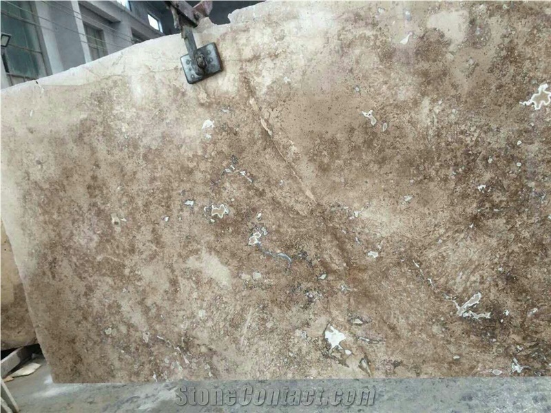 China Light Beige Coffee Brown Travertine Polished Slab & Tile