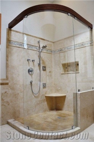 Master Shower Tuscan Walnut Travertine, Stone Age Fabricated the Wood, Beige Travertine Flooring Tiles