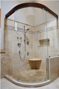 Master Shower Tuscan Walnut Travertine, Stone Age Fabricated the Wood, Beige Travertine Flooring Tiles