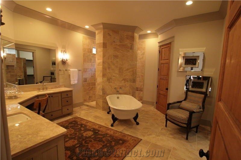 Master Shower Tuscan Walnut Travertine, Stone Age Fabricated the Wood, Beige Travertine Flooring Tiles