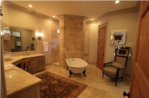 Master Shower Tuscan Walnut Travertine, Stone Age Fabricated the Wood, Beige Travertine Flooring Tiles