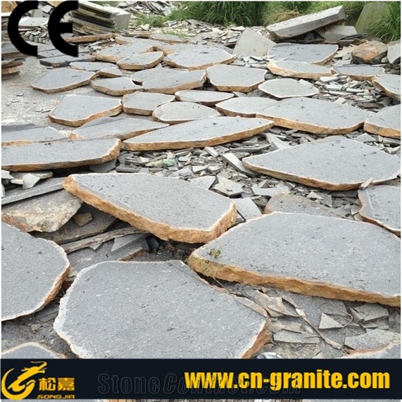 China Zhangpu Black Granite G654 Flagstone Paving,Black Random Flagstones Flagstone with Mesh Backing