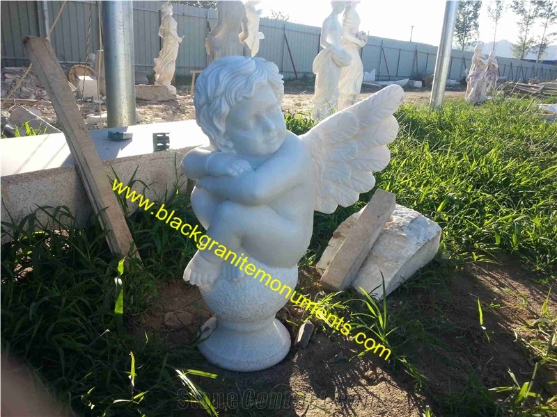 White Marble Sculpture, Handcarved Cherub Angel Sculptures, Angel Child Statues