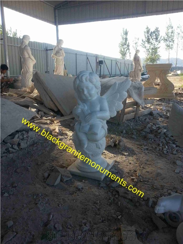 White Marble Sculpture, Handcarved Cherub Angel Sculptures, Angel Child Statues