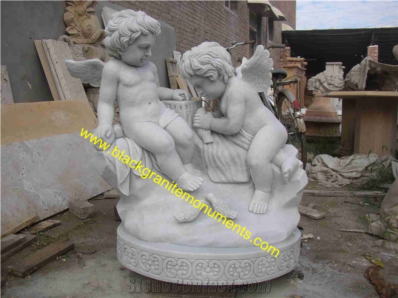 White Marble Sculpture, Handcarved Cherub Angel Sculptures, Angel Child Statues