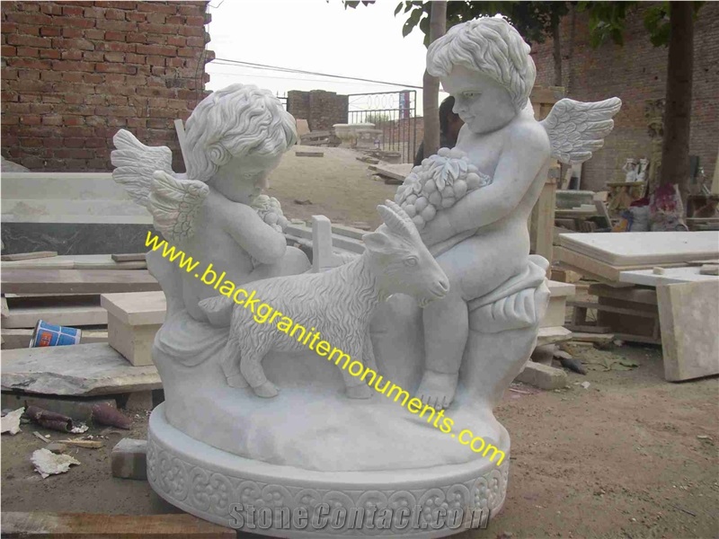 White Marble Sculpture, Handcarved Cherub Angel Sculptures, Angel Child Statues