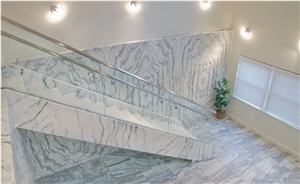 Vermont Quarries Corp Main Office Entry - Stairs with Crystal Stratus Danby Adorns the Floor with Special Cut, 2cm Thick Tiles, Stairs