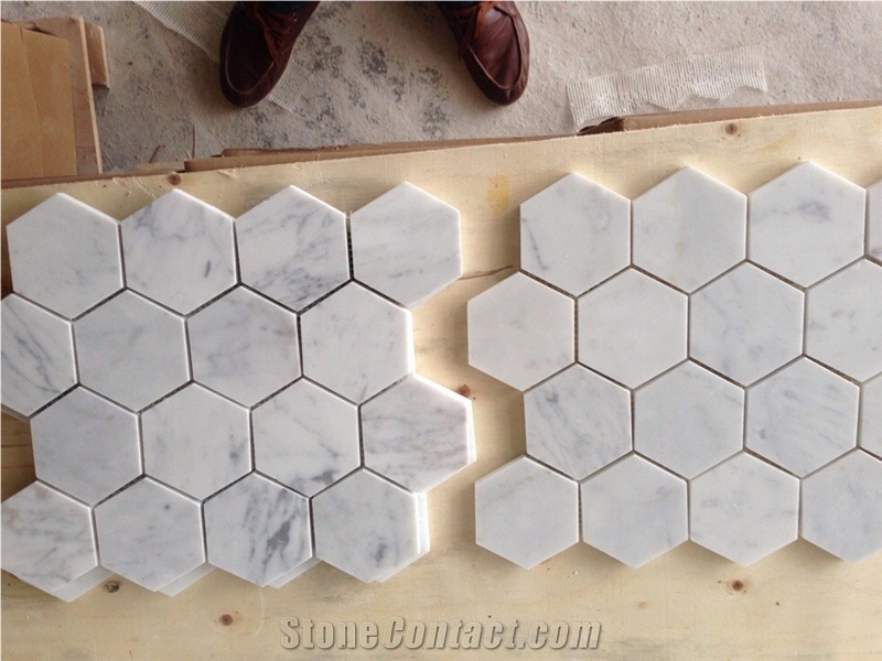 Carrara White Marble Mosaics, 73x73mm Hexagon Mosaics, White Marble Mosaic Tiles, China White Marble Mosaic