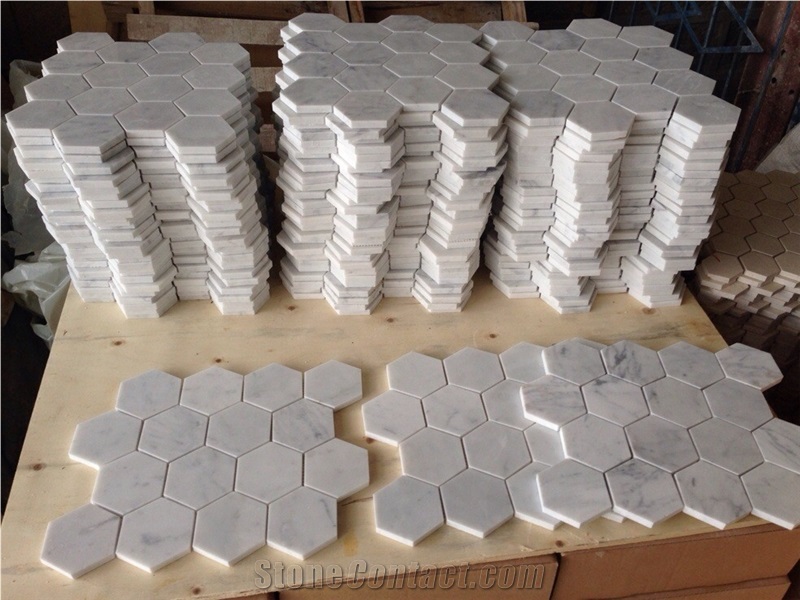 Carrara White Marble Mosaics, 73x73mm Hexagon Mosaics, White Marble Mosaic Tiles, China White Marble Mosaic