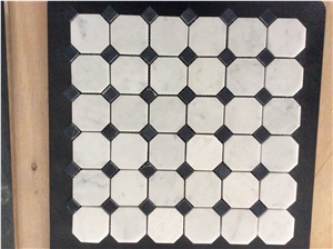 Carrara White +Nero Marquina Octagon Marble Mosaic 48x48+15x15mm, Black White Marble Mosaic