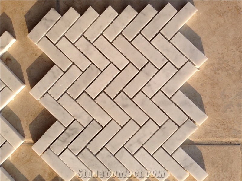 Carrara Wthie Herringbone 20x64mm，White Marble Mosaic Tiles,China White Marble Mosaic