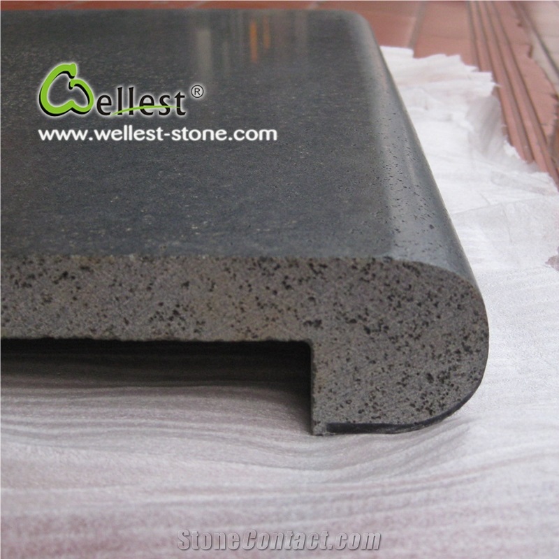 China Natural Black Basalt Honed Finish Drop Face Rebate Step and Coping for Swimming Pool