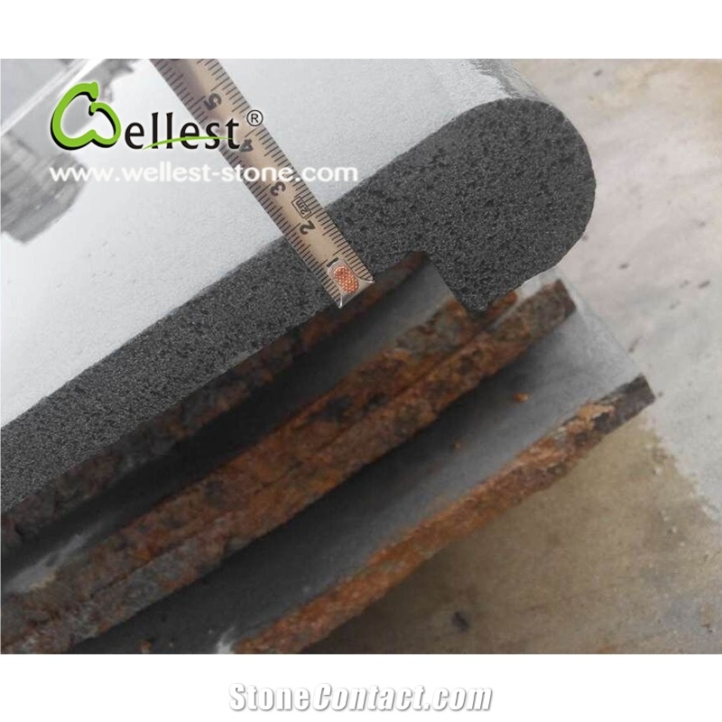 China Natural Black Basalt Honed Finish Drop Face Rebate Step and Coping for Swimming Pool