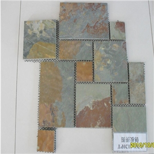 Black Rusty Slate Stone Mosaic on Mesh,China Rust Slate Flagstone Mesh,Multi-Color Slate Random/Irregular Flagstone for Garden Road