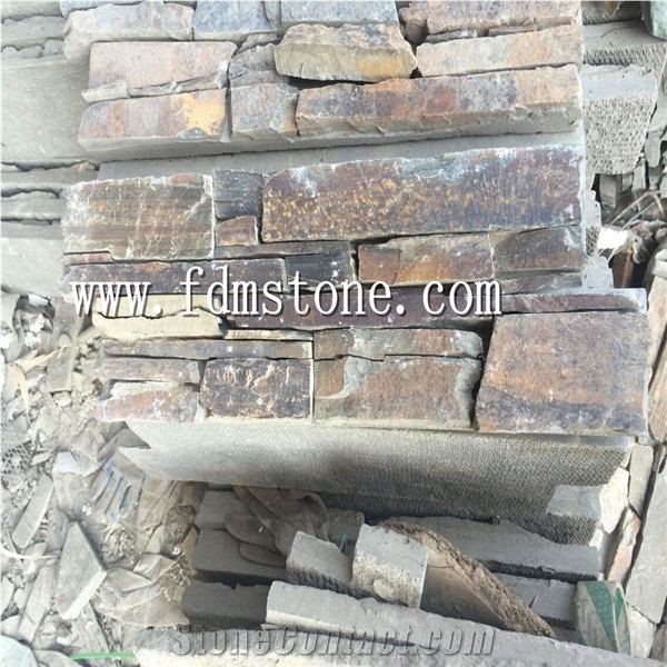 China Tiger Yellow Slate Concrete Base Wall Stone, Z Shape Cement Base Culture Stone, Yellow Gneiss Culture Stone