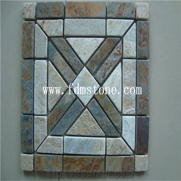 Factory Price Trapezoid Yellow Slate Mosaic Border on Mesh