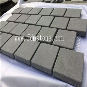 Hainan Grey Basalt Tumbled Cobblestone on Mesh / Paving Stone Interlocking