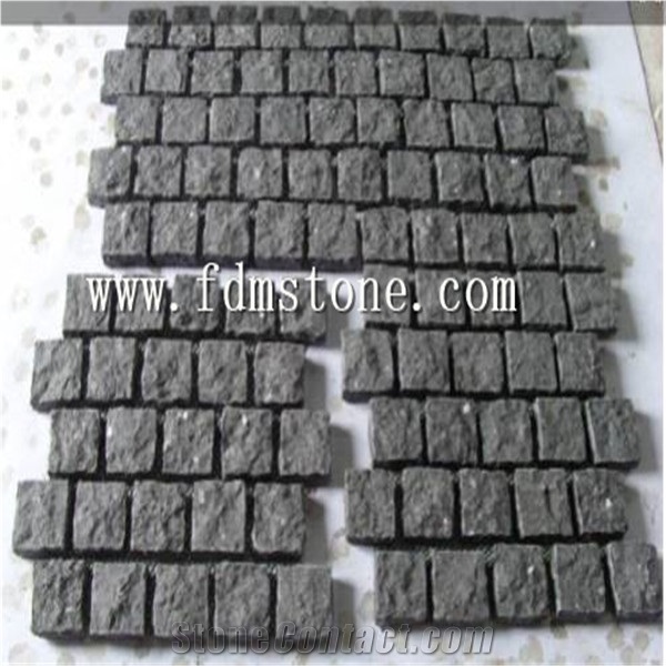 Hainan Grey Basalt Tumbled Cobblestone on Mesh / Paving Stone Interlocking