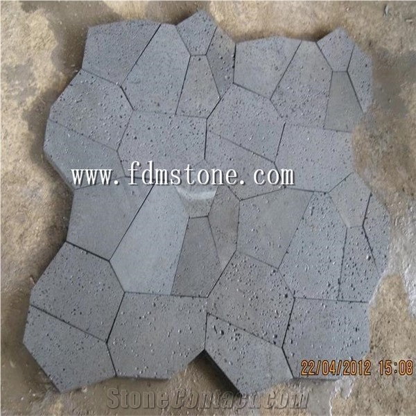 Hainan Lava Stone Crazy Paver,Flagstone on Mesh,Black Organic Stepper