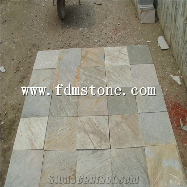 P014 Slate Tiles for Sale, Yellow Gold Slate Swimming Pool Deck Tiles