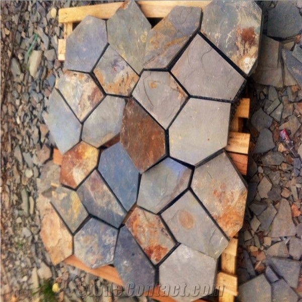 Rustic Slate Random Flagstones Flooring Paver,Meshed Slate Stone,Slate Flagstone Patio