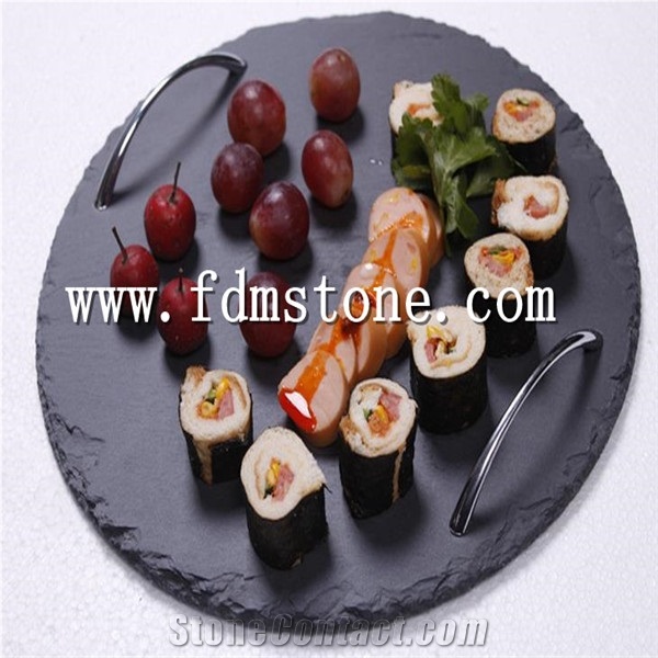 Wholesale Black Natural Slate Stone Pizza Cheese Board with S/S Handles Slate Handle Dinner Tapas Plate Food