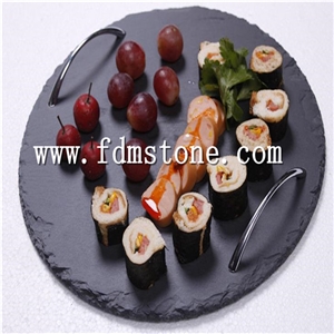 Wholesale Black Natural Slate Stone Pizza Cheese Board with S/S Handles Slate Handle Dinner Tapas Plate Food