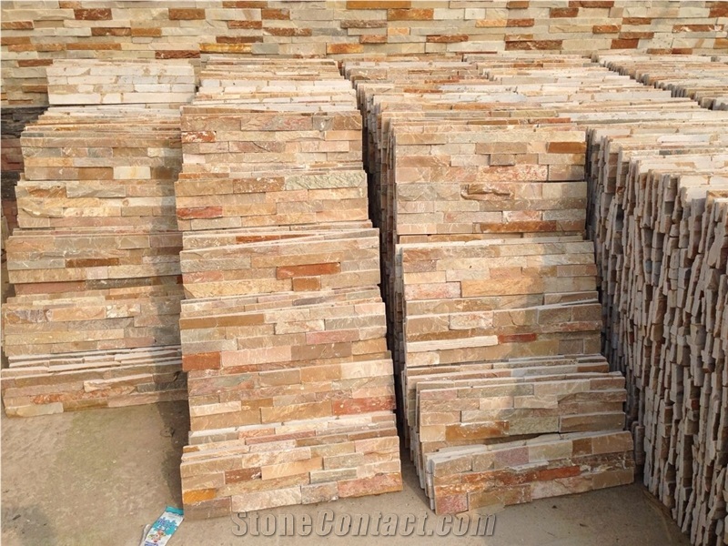 Fargo Rust Quartztite Wall Crazy Cladding Panels, China Rusty Quartzite Culture Stone Panels 60x15cm, Golden Quartzite Stacked Thin Stone Veneer