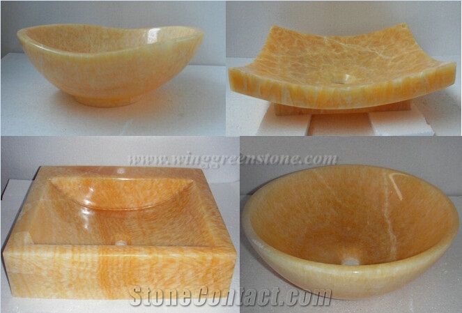 Yellow Onyx Sinks, Polished Stone Wash Bowls, Bathroom Vessel Sinks, Winggreen Stone