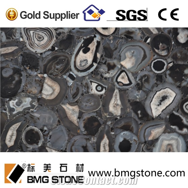 Backlit Semiprecious Stone Black Agate Slab Panel