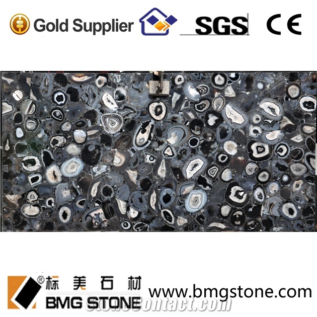 Backlit Semiprecious Stone Black Agate Slab Panel